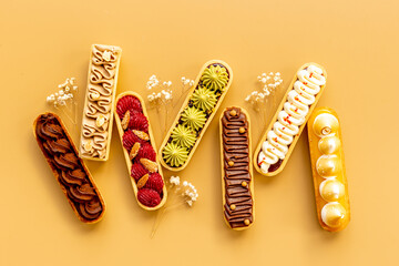 Delightful set of eclairs with pistachio raspberries and chocolate