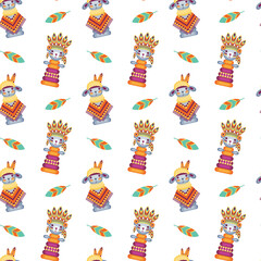 Seamless pattern in bohemian ethnic style with pyramid toys and feathers on a white background. Vector ornament in American Indian style.