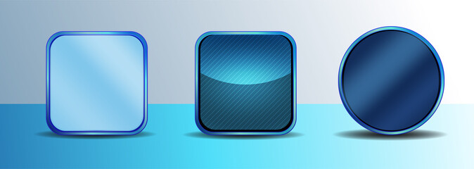 Technology Blue App icons border frame template in dark black color vector 3D feel. Square and round shape.