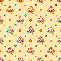 Seamless pattern in with canoe and flowers on a yellow background. Vector ornament.