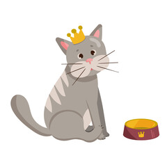 Happy cute cat kitty in crown sitting next to the food bowl cartoon animal pet character isolated on white. Flat style vector illustration