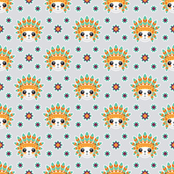 Seamless pattern in bohemian ethnic style with panda toys and flowers on a grey background. Vector ornament in American Indian style.