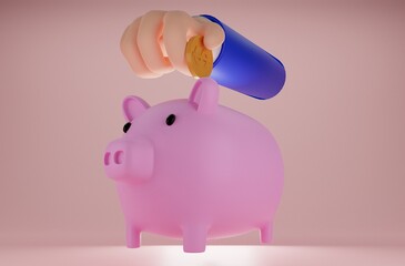 Business man hand holding coin putting coin to piggy bank.Handholds coin for money-saving, online payment, and payment concept.isolate background. 3d render illustration