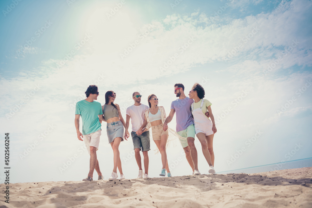 Poster Photo of charming pretty six young buddies dressed casual outfits smiling walking embracing outdoors countryside