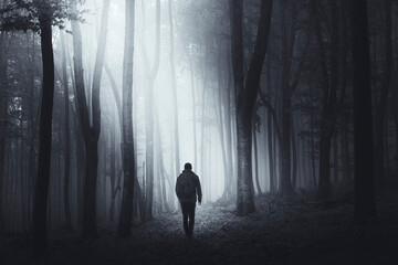 man in dark woods at night, mysterious forest landscape