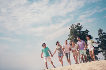 Photo of carefree cute young six friends wear casual clothes smiling holding arms walking talking outside countryside