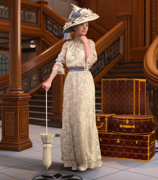 Beautiful woman in a victorian dress standing in front of her luggage