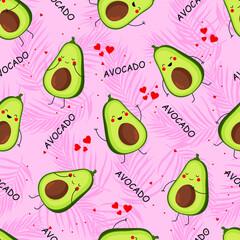 Seamless pattern with cute avocados. Print for clothing, textiles.  Avocado Friends with Fashion Vector Seamless Pattern.