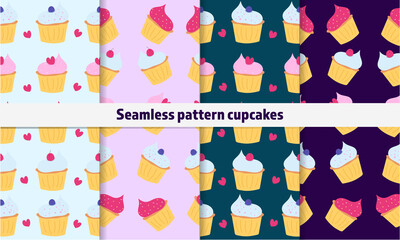 Seamless cupcake pattern set in different colors. Food
