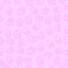 Seamless pink line style cupcake pattern. Food