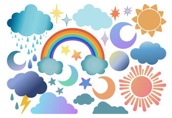 Hand Drawing Vector set of Weather Phenomena and Objects: Sun, Moon, Stars, Planet, Rain, Tunder and Rainbow. Simple gradient vector illustration. Icon collection. Use for design, print, stickers.