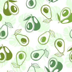 Seamless pattern with avocados . Print for clothing, textiles. Avocado and tropical leaves on a white background.