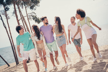 Photo of six people group gathering cuddle walk funny laugh enjoy talk wear casual outfit nature...