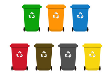 Dumpster bins for cardboard, plastic, no recycling, paper, hazardous, organic and glass.