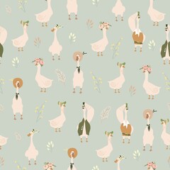 Seamless Pattern with Cartoon Gooses and Flowers