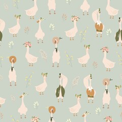 Seamless Pattern with Cartoon Gooses and Flowers © Maria Starus