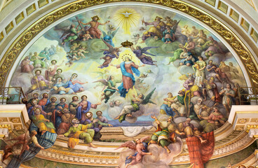 VALENCIA, SPAIN - FEBRUAR 17, 2022: The fresco of Coronation of Virgin Mary from main apse of the...