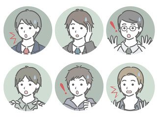 驚く若い男性の斜め向き丸アイコンセット
