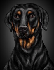 Dog portrait. Dachshund on a black background. Creative drawing of a dog. Black and red wool.