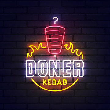 Doner neon sign, bright signboard, light banner. Doner Kebab logo neon, emblem. Vector illustration