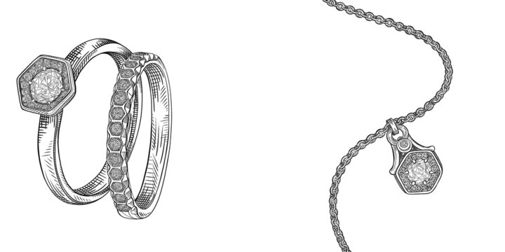 Jewelry. Chain and ring with precious stones. Sketch of hand drawn jewelry. Drawing for advertising and creativity.