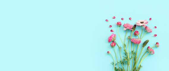 Top view image of pink flowers composition over blue background
