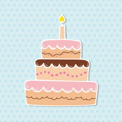 Colorful birthday cake with candle. Hand drawn outline illustration using doodle art on polka dot background