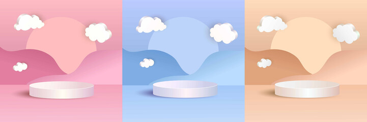 3D Podium set. White pedestal in beige blue pink scene, showcase for products presentation and advertising. Empty round platform on pastel background with clouds, minimal design. Vector backdrop