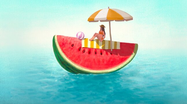 Summer time with the sea. Concept idea art of travel, outdoor, and holiday. Surreal painting. 3d illustration. conceptual artwork. A woman sunbathing on a water melon.