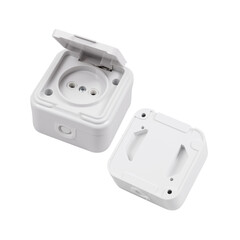 Fototapeta premium Protected socket with a cover and grounding isolated on a white background. Two angles: front and back.