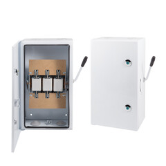 Electrical enclosure with a knife switch isolated on a white background. 2 angles with open and...