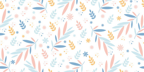 Seamless floral pattern of branches and leaves in gentle colors. Summer pattern.Ideal for printing on fabric, wallpaper