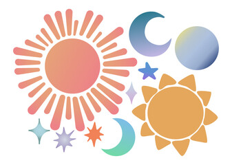 Hand Drawing Vector set of Weather Phenomena and Objects: Sun, Moon, Stars and Planet. Simple gradient vector illustration. Icon collection. Use for design, print, stickers.