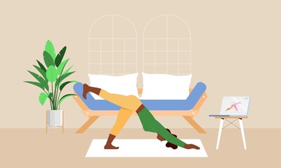Young woman practicing yoga on a mat at home, online workout and instructor, online class. Fitness, sport and healthy lifestyle concept. Vector illustration of home interior with plants, sofa, lamp
