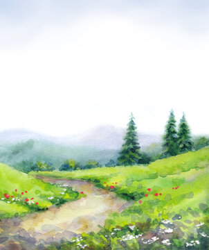 Watercolor landscape. Mountain path among fir trees