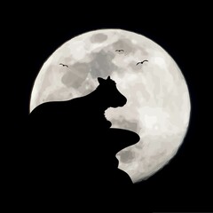 Vector silhouette of cow on moon background. Symbol of night and farm.