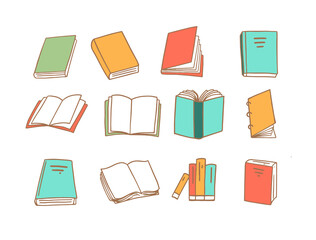 Flat colorful books vector illustration. Set objects. Hand drawn sketch.