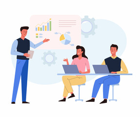 Businessman making presentation and explaining charts on the board