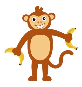 Young red-haired monkey smiling and standing with black eyes holding bananas