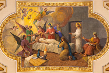 VALENCIA, SPAIN - FEBRUAR 17, 2022: The fresco of Deathof of  St. Joseph in the church Iglesia del...