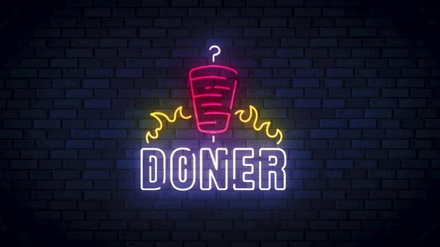 Doner neon sign, bright signboard, light banner. Doner Kebab logo neon, emblem. High quality 4k footage