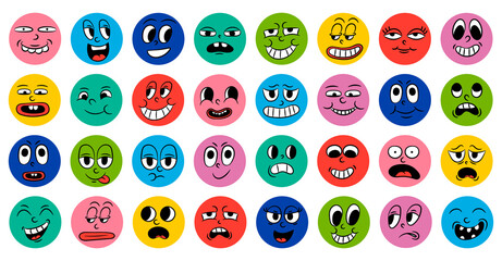 Set of cartoon comic funny faces in retro style with different expressions of emotions. Abstract round icons of heads of emotional characters. Emoji people animation in 50s 60s style. vector