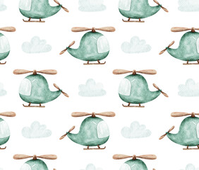 Watercolor cute helicopter pattern. Kids toy cartoon copter background