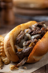 Philly cheesesteak submarine sandwich and french fries - 502566062