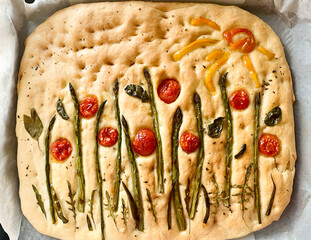 Focaccia art bread with floral vegetable picture on baking tray. Ready to eat, top view.