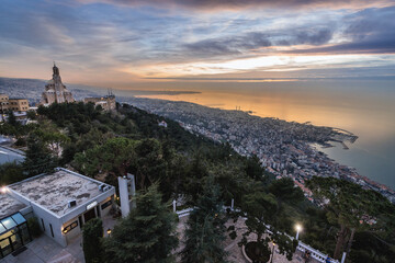 Aerial view from statue in Marian shrine of Our Lady of Lebanon in Harissa town, Lebanon