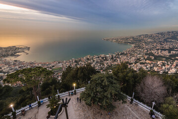 Aerial view from large sculpture in Marian shrine of Our Lady of Lebanon in Harissa town, Lebanon