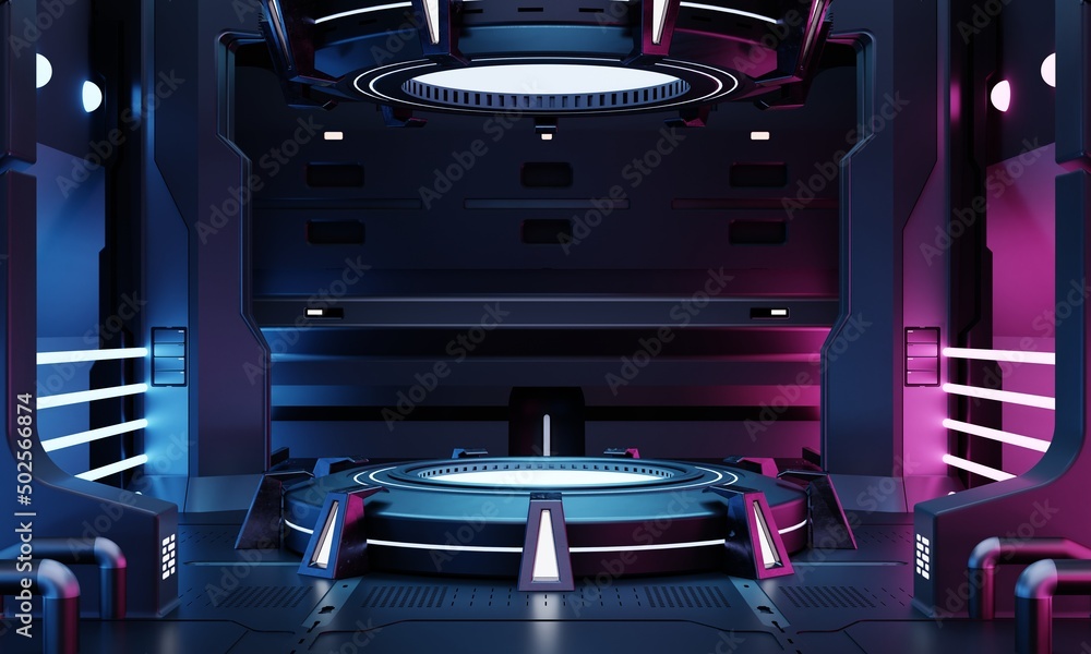 Aufkleber cyberpunk sci-fi product podium showcase in empty spaceship room with blue and pink background. cosm