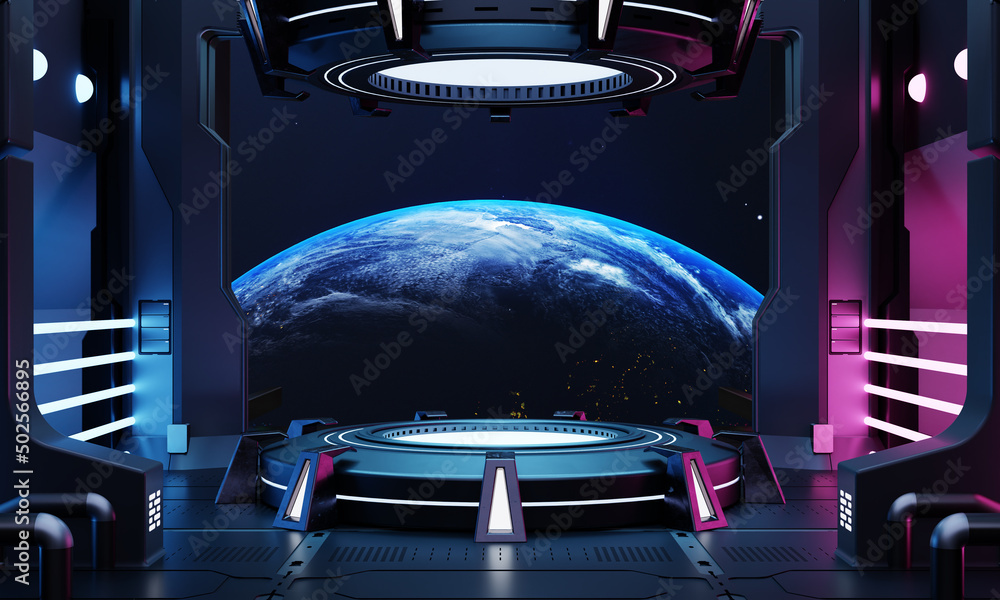 Aufkleber sci-fi product podium showcase in empty spaceship room with blue earth background. cyberpunk blue an
