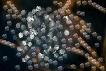 Natural background of sun glare on frog eggs in water and grass.